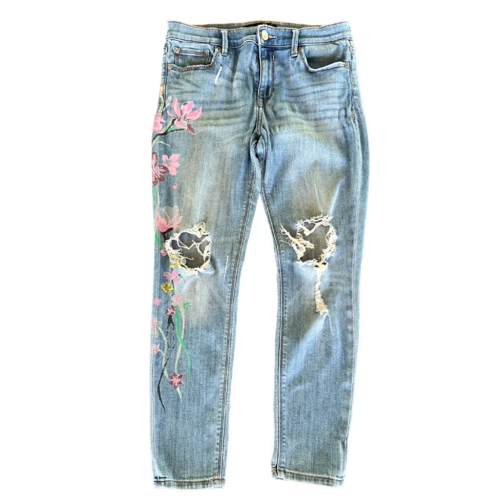 Distressed Skinny Floral Design, Women’s Mid Rise Jeans, 8 Petite, Express